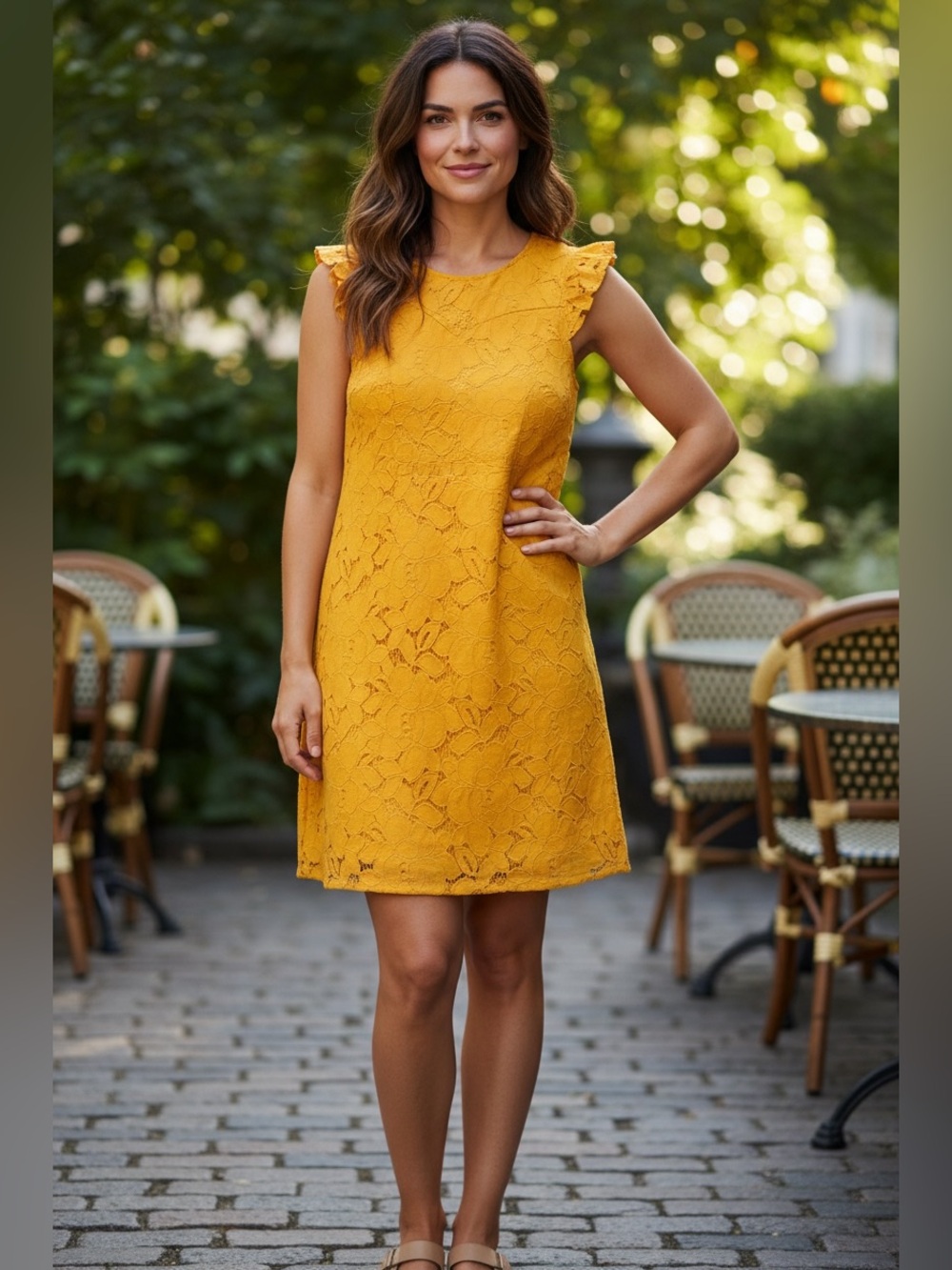 Monteau Mustard Yellow Floral Lace Shift Dress with Ruffle Sleeves Size Medium
